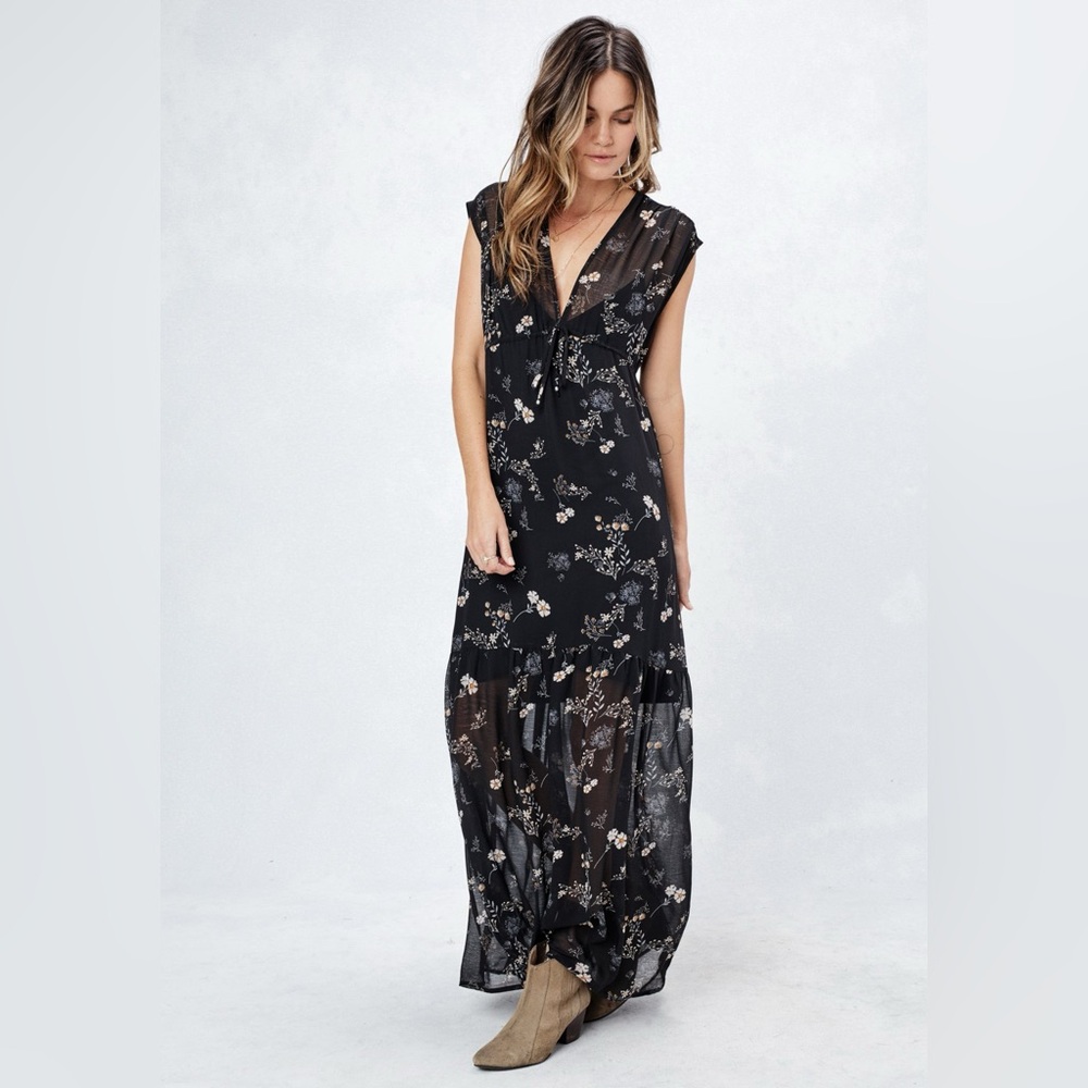 Lovestitch Black Maxi Dress with Demure Floral Print. NWT.